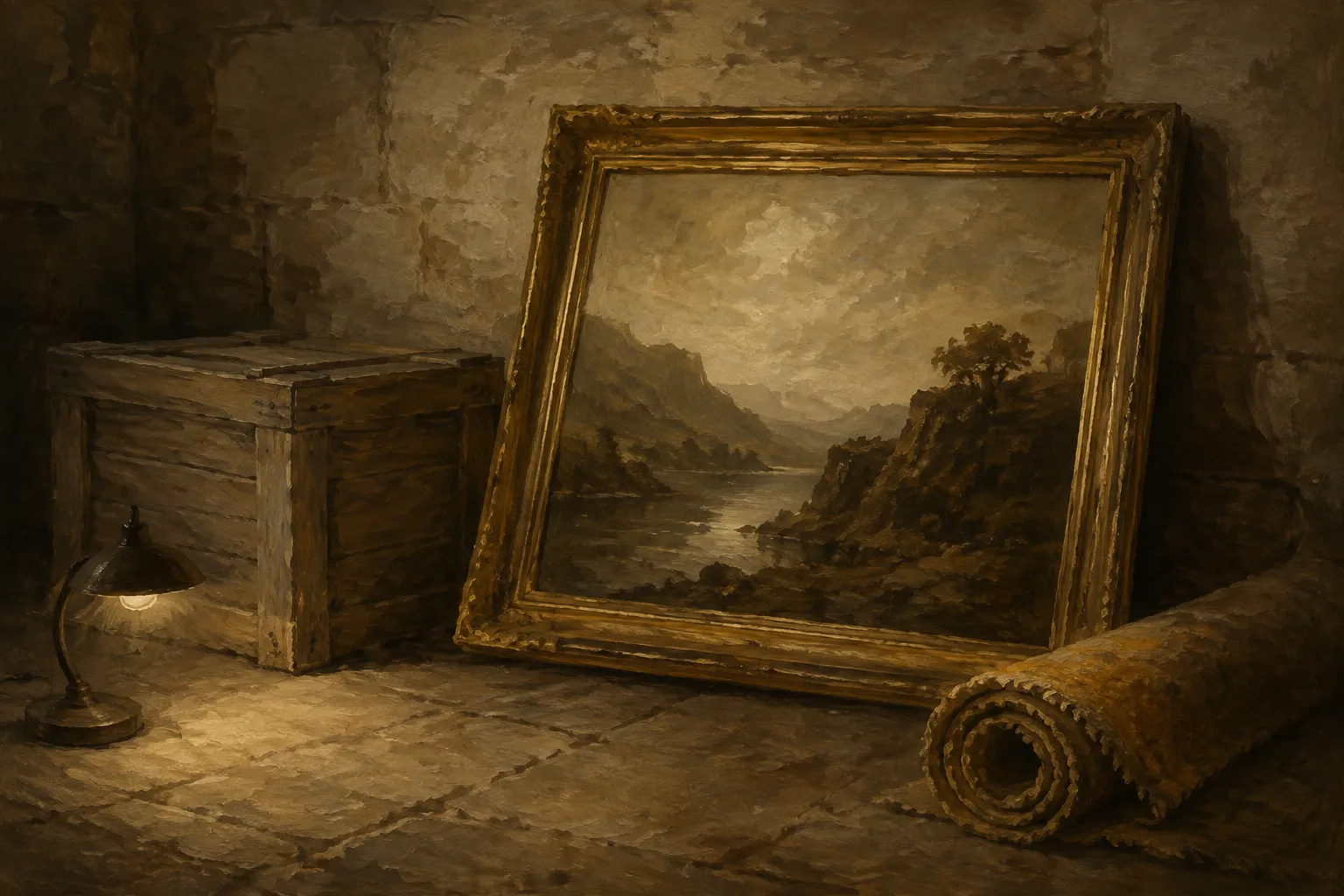 Oil painting of a gilt-framed landscape leaning against a storeroom wall beside a shipping crate