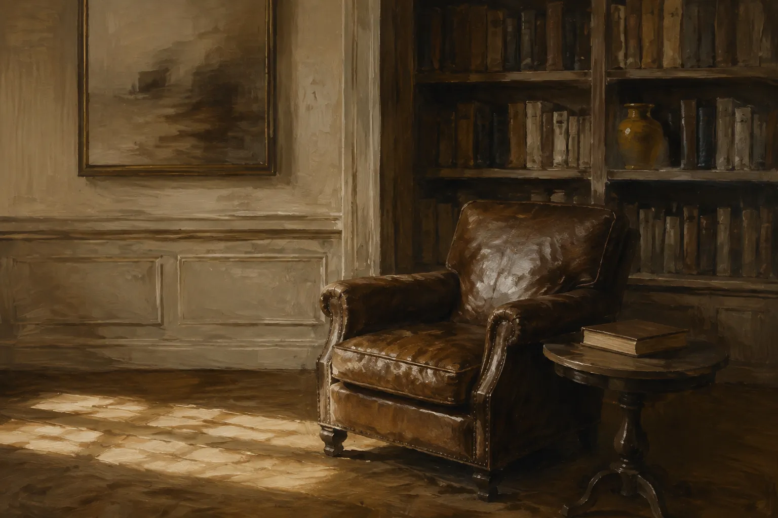 Oil painting of a worn leather reading chair beside a tall bookshelf in afternoon light