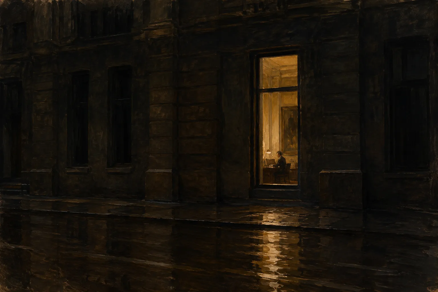 Oil painting of a dark stone facade at night with one ground-floor window lit, seen across a wet street