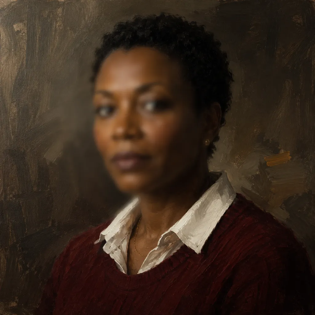 Miriam Okafor, Head of Wealth, painted in oil on linen