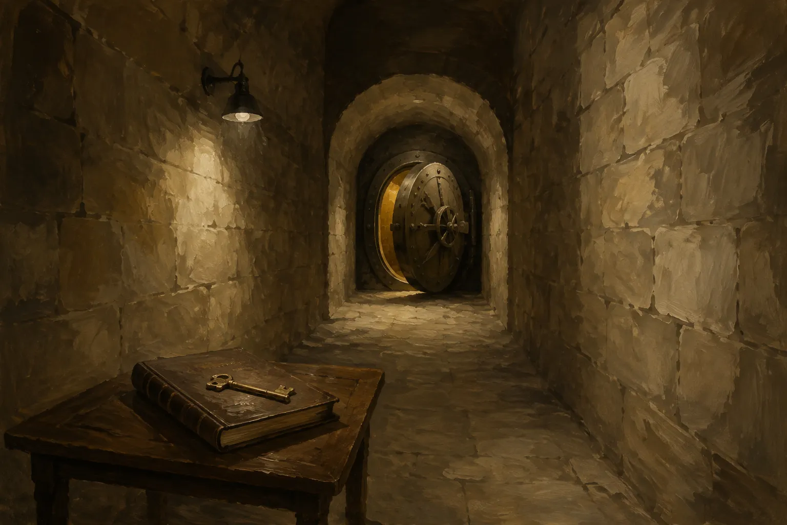 Oil painting of a round steel vault door standing open at the end of a stone corridor, a brass key on a ledger