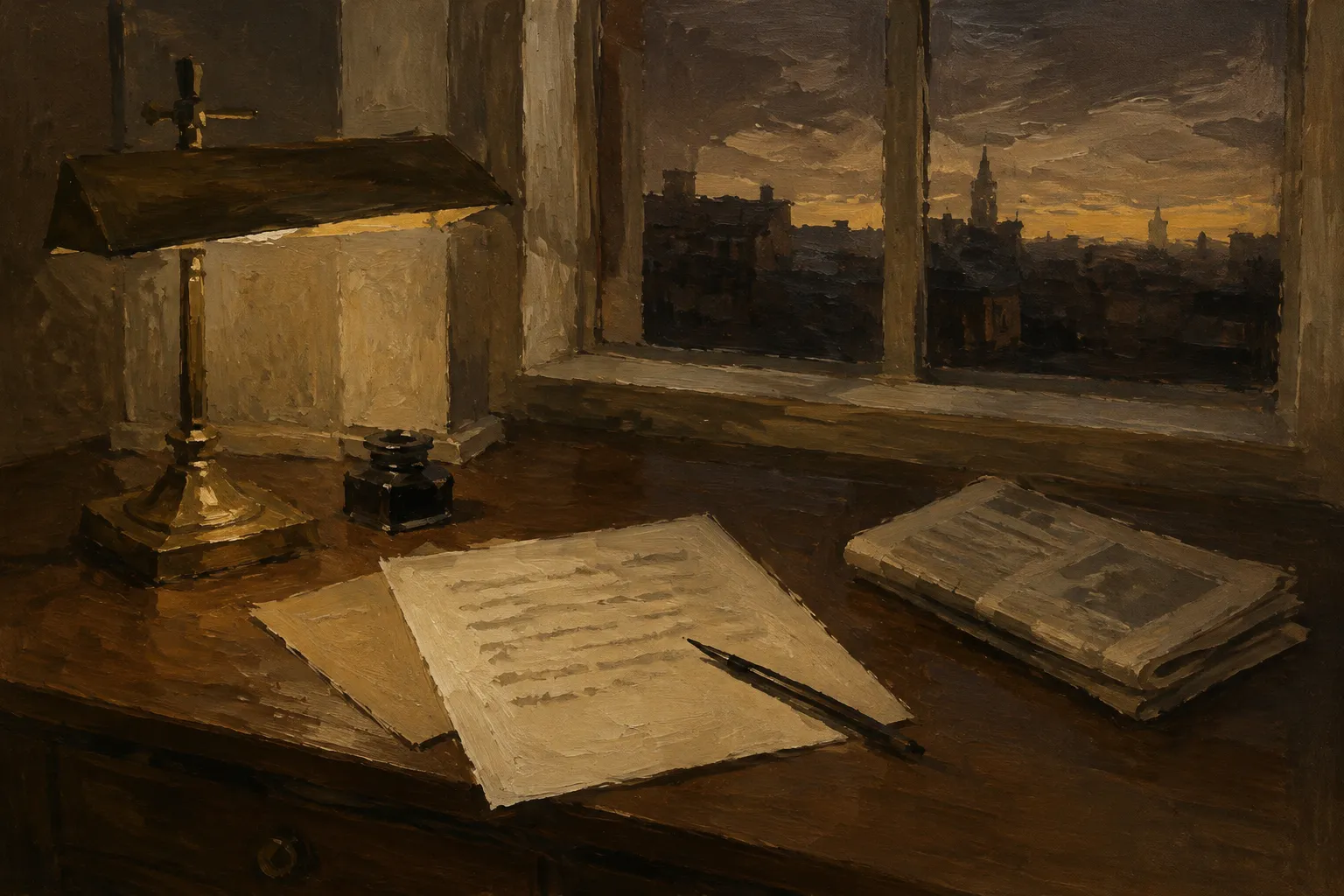 Oil painting of a writing desk by a window with a half-written letter, an inkwell and a brass lamp